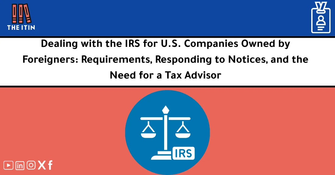 صورة توضيحية تحتوي على عنوان المقال حول : " Dealing with the IRS as a Foreigner Made Easy" مع عنصر بصري معبر