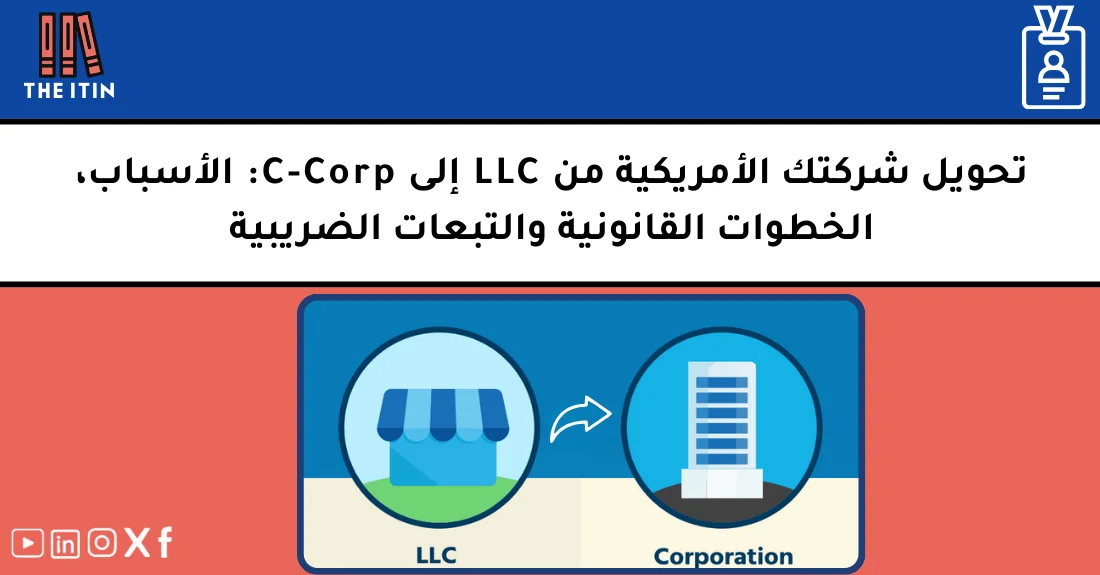 صورة تحتوي على عنوان المقال حول: " كيف تحوّل شركتك من LLC إلى C-Corp بسهولة؟" مع عنصر بصري معبر
