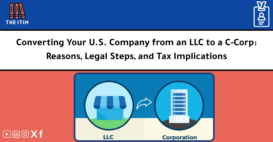 Diagram explaining the LLC to C corp conversion process with legal and tax considerations for founders.